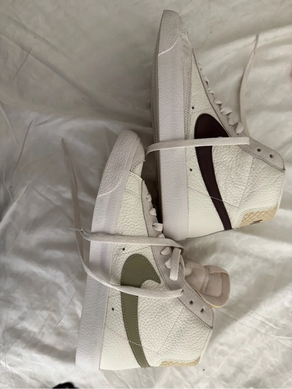 Nike Women’s Mid-Top Sneakers in White with Olive & Burgundy Swooshes